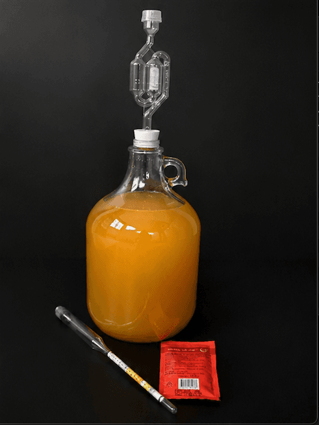 Glass fermenter actively fermenting with airlock bubbling