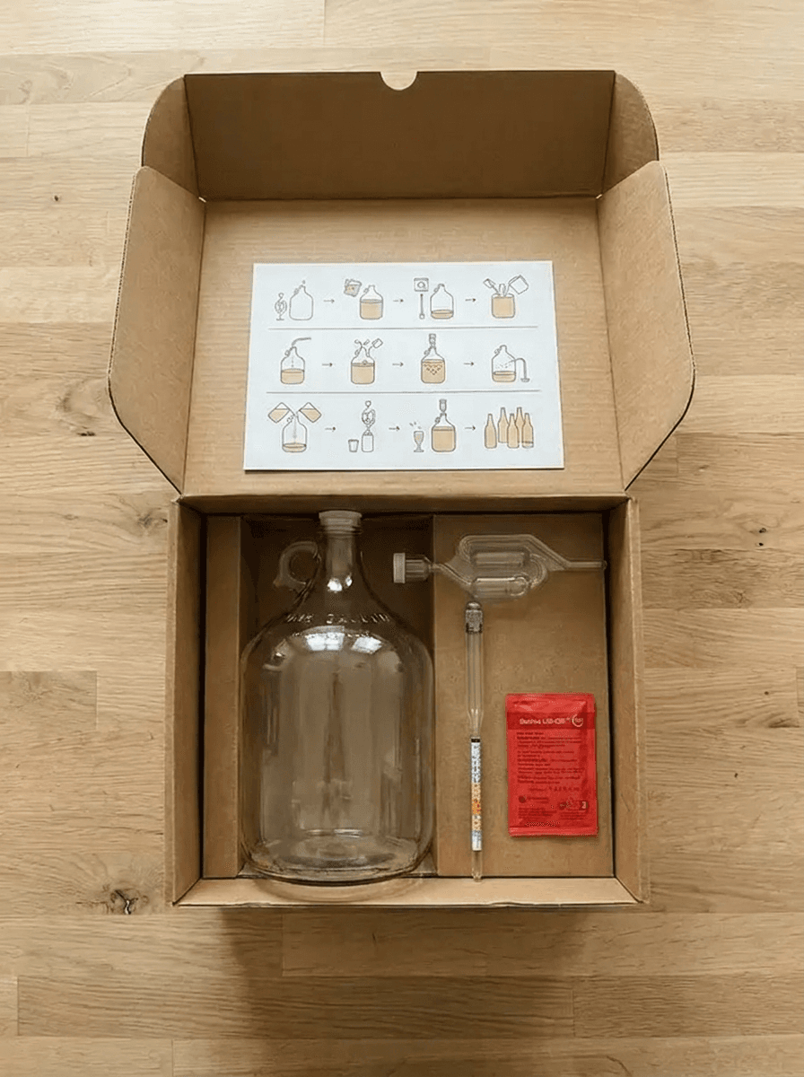 Overhead open-box shot of 1 gallon brewing kit with instruction card, glass carboy, airlock, hydrometer, and yeast packet
