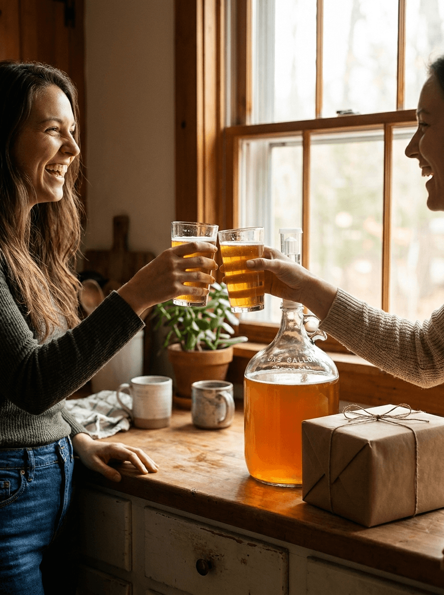 Two friends cheering with glasses of homebrew next to a 1-gallon BrewKit Lab fermenter and wrapped gift box