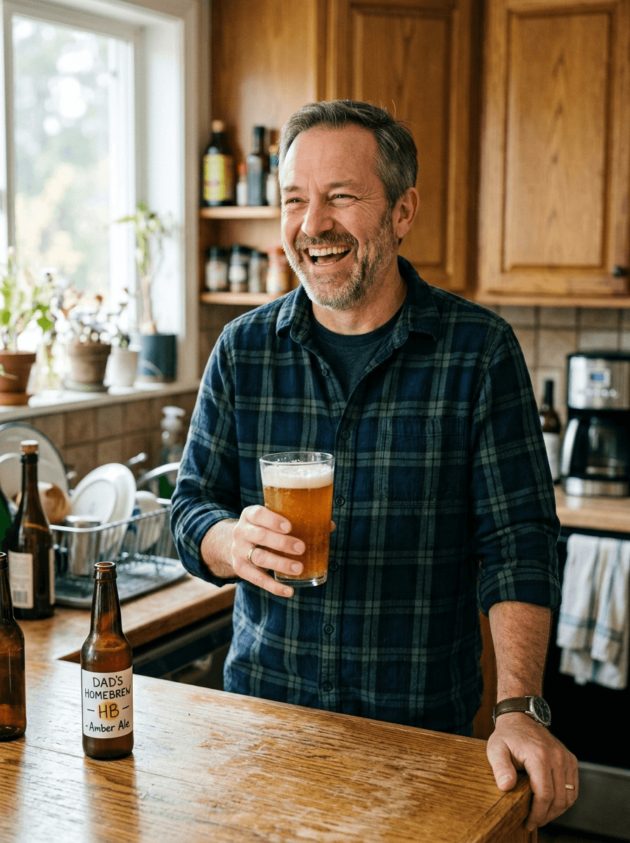 Dad laughing in his kitchen, holding up a glass of his own homemade amber ale next to a bottle labeled 'Dad's Homebrew'